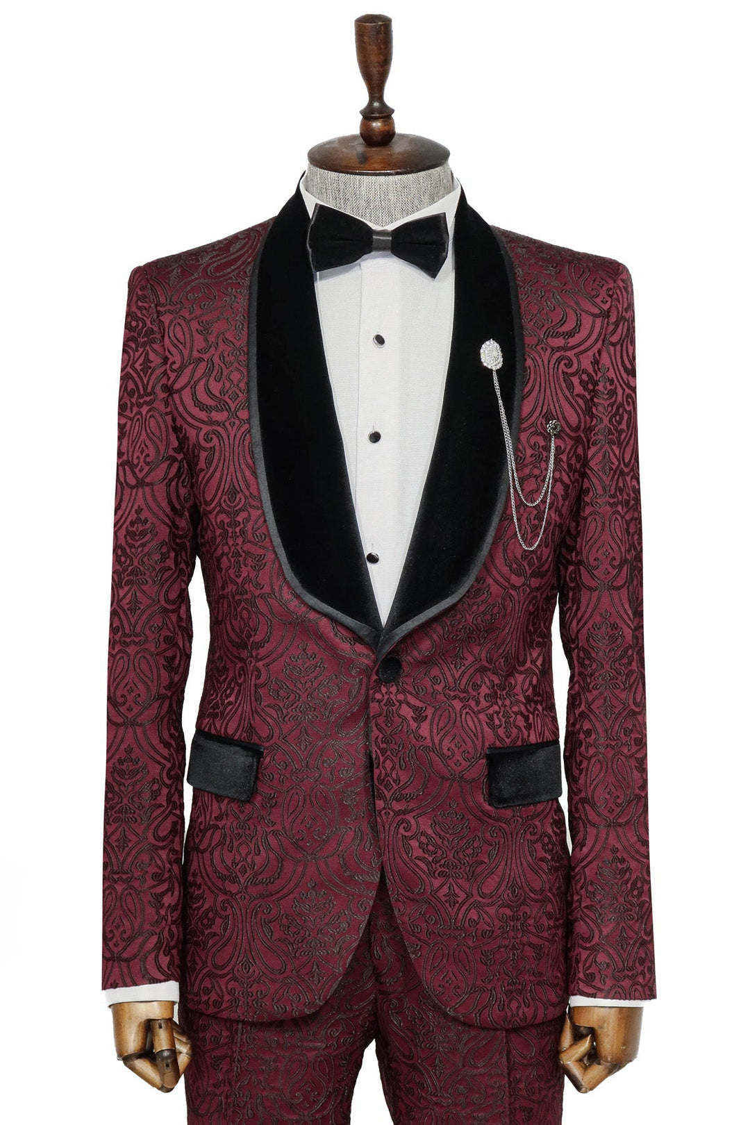 Burgundy European Prom Tuxedo with Black Velvet Lapel – 2025 Edition