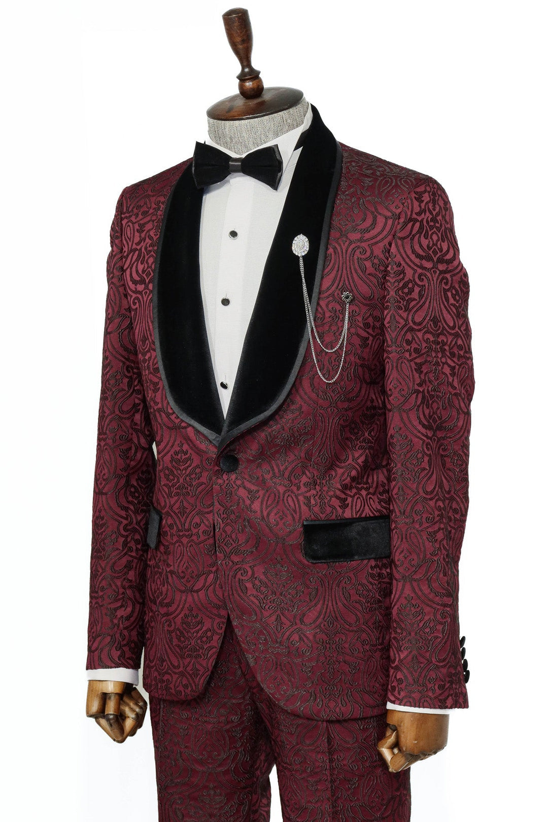 Burgundy European Prom Tuxedo with Black Velvet Lapel – 2025 Edition