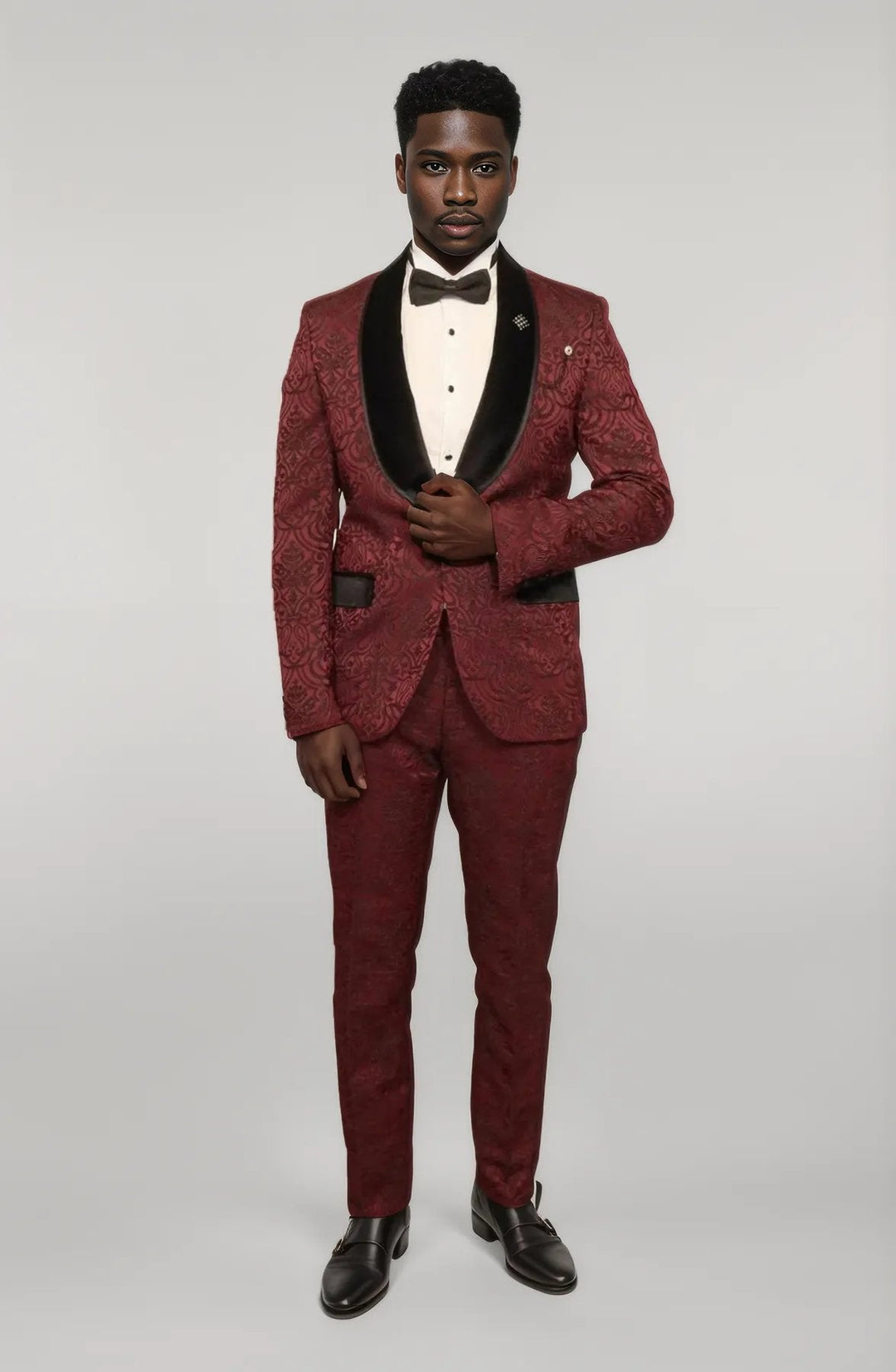 Burgundy European Prom Tuxedo with Black Velvet Lapel – 2025 Edition