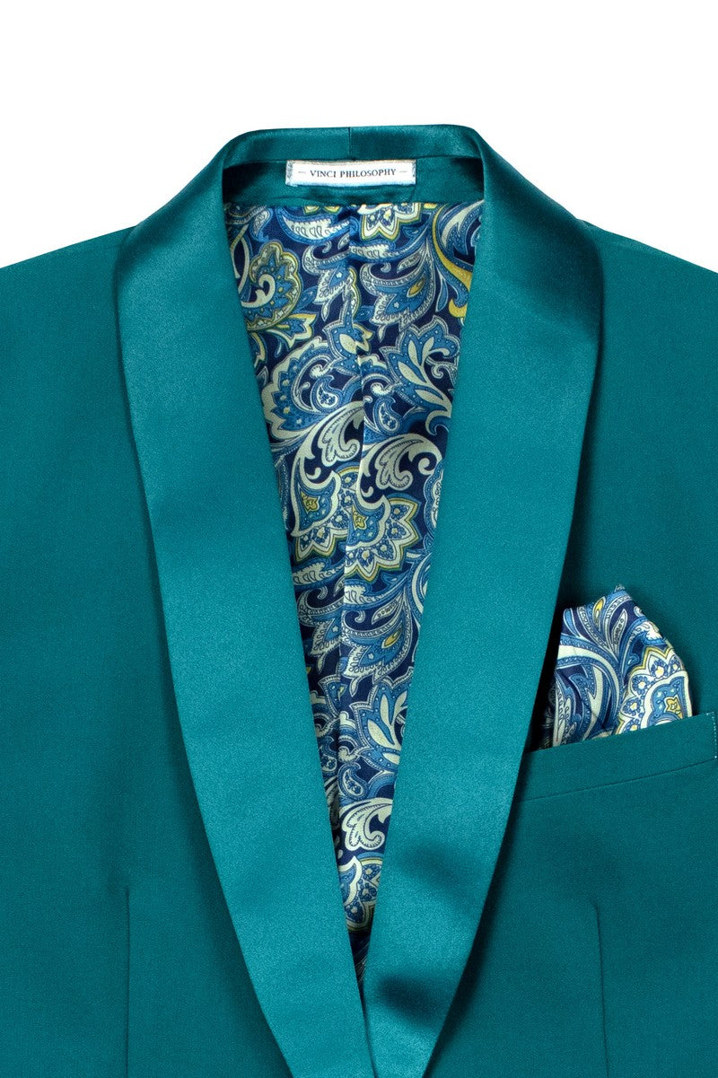 Men’s Teal Slim-Fit Tuxedo – Formalwear Suit with Satin Lapels