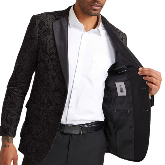 Men’s Black Floral Prom Tuxedo Blazer with Satin Lapel – 2025 Style