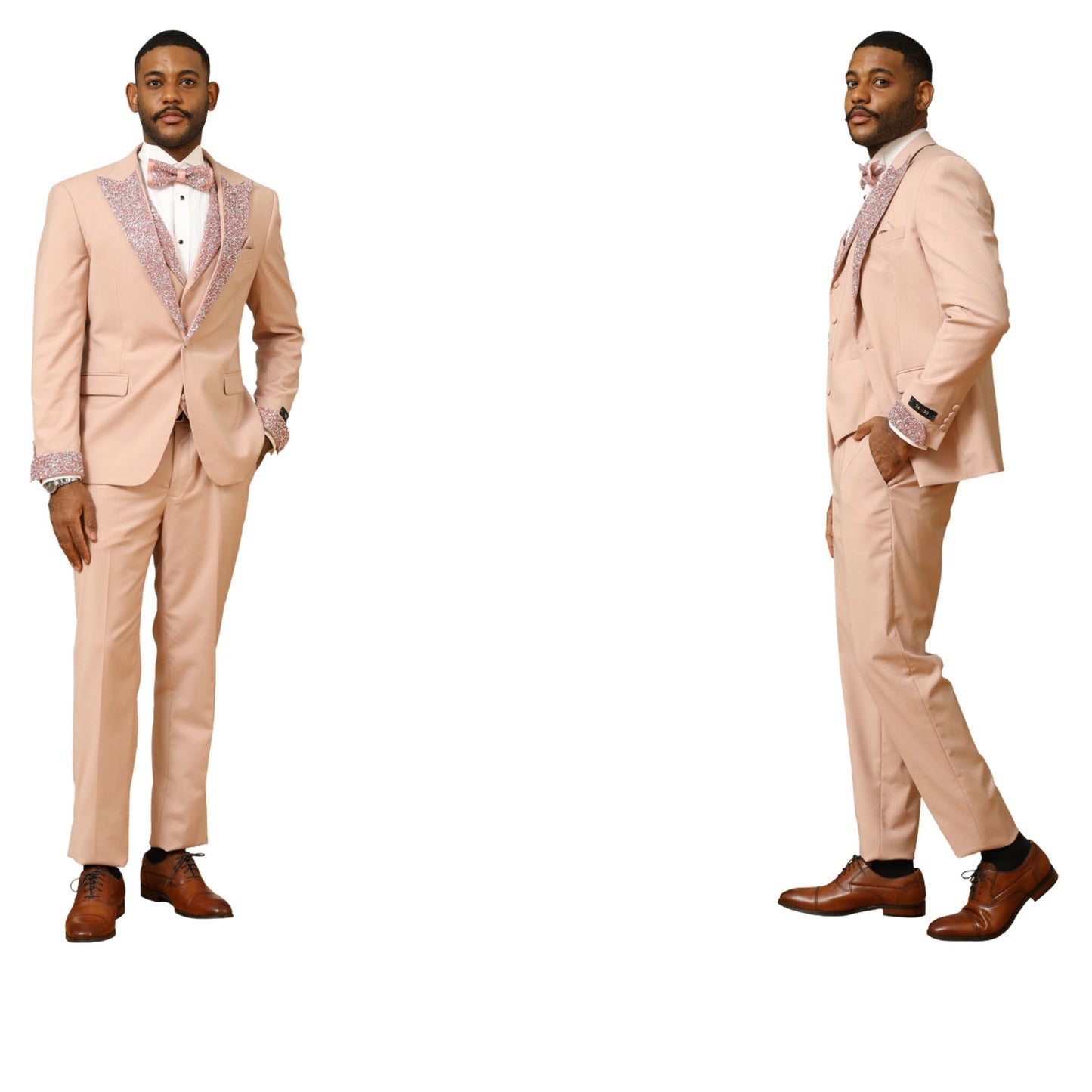 "Side view of men's rose gold pink sequin lapel three-piece tuxedo with sparkling sequin accents on the lapel and cuffs, paired with matching vest and bowtie
