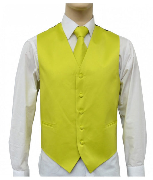 KCT Menswear Chartreuse Yellow Vest and Tie Set, formal vest and tie set, groom and groomsmen vest and tie set, solid color vest and tie set, formal wear vest and tie set, special occasion vest and tie set.