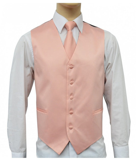 KCT Menswear Peach Vest and Tie Set, formal vest and tie set, groom and groomsmen vest and tie set, solid color vest and tie set, formal wear vest and tie set, special occasion vest and tie set.