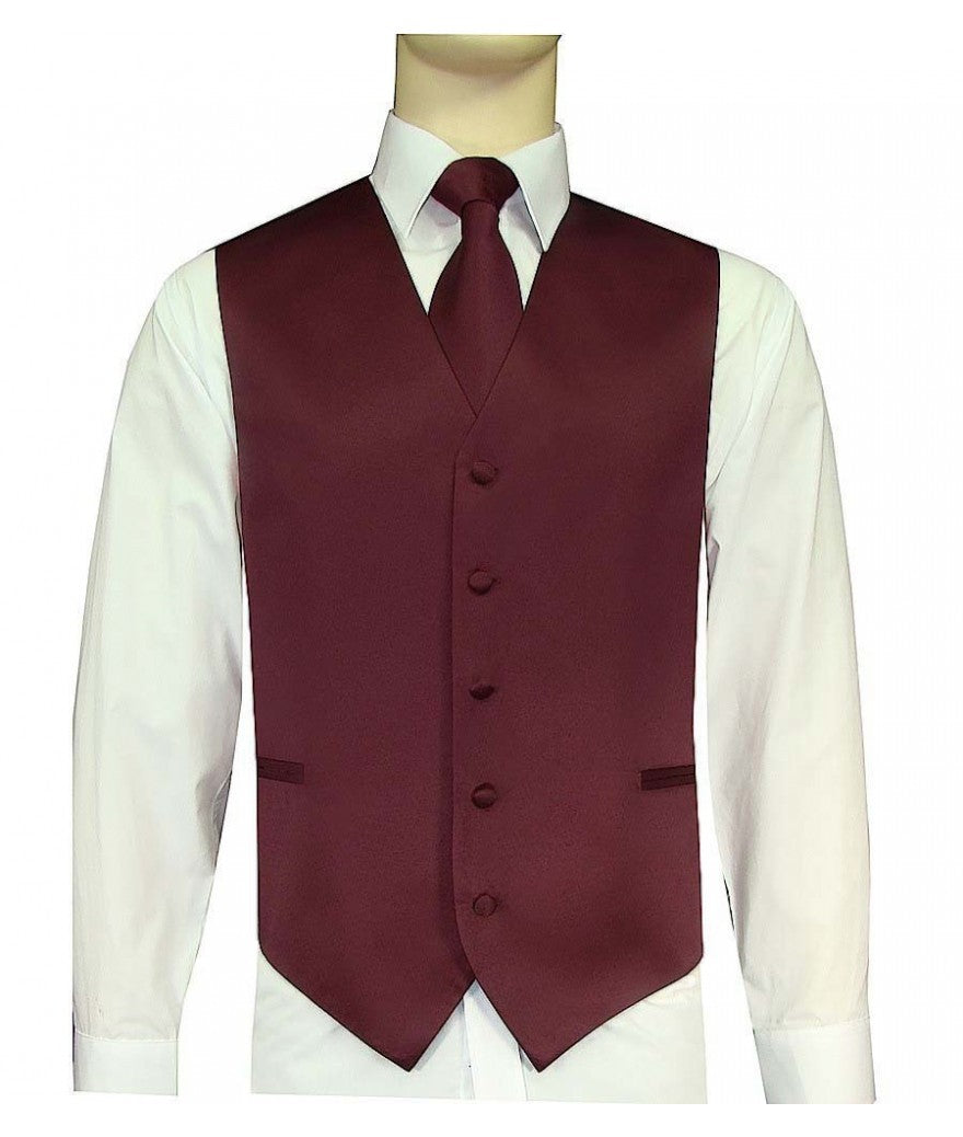 KCT Menswear Dark Burgundy Vest and Tie Set, formal vest and tie set, groom and groomsmen vest and tie set, solid color vest and tie set, formal wear vest and tie set, special occasion vest and tie set.