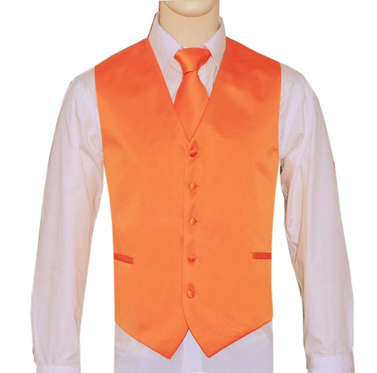 KCT Menswear Orange Vest and Tie Set, formal vest and tie set, groom and groomsmen vest and tie set, solid color vest and tie set, formal wear vest and tie set, special occasion vest and tie set.