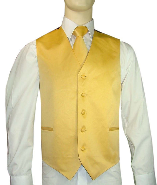KCT Menswear Golden Yellow Vest and Golden Yellow Tie Set, formal vest and tie set, groom and groomsmen vest and tie set, solid color vest and tie set, formal wear vest and tie set, special occasion vest and tie set.