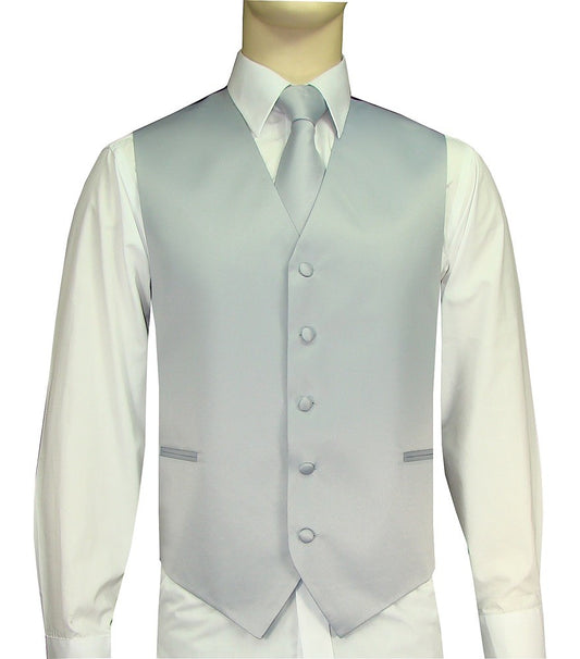 KCT Menswear Silver Vest and Tie Set, formal vest and tie set, groom and groomsmen vest and tie set, solid color vest and tie set, formal wear vest and tie set, special occasion vest and tie set.