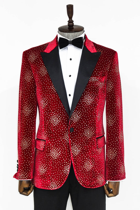 Men's Red Velvet Diamond Blazer with real diamonds and black satin peak lapel, exclusively available at KCT Menswear.