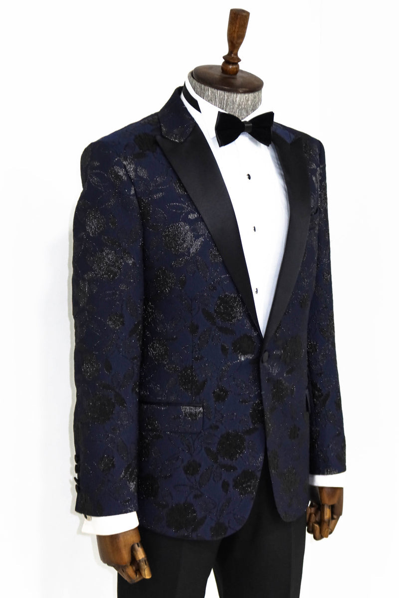 Men's Navy Blazer with Dark Grey Floral Design - Side View