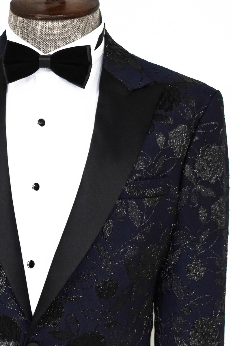 Men's Navy Blazer with Dark Grey Floral Design - Front View