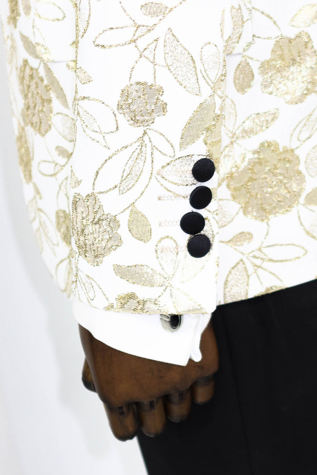 Men's White Blazer and Golden Floral Design black buttons - Arm  View