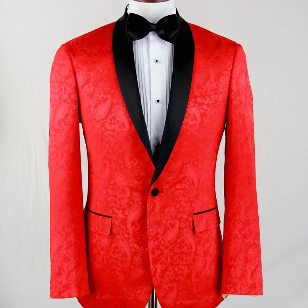 KCT Menswear - Red Paisley Print Tuxedo Jacket with Matching Bow Tie