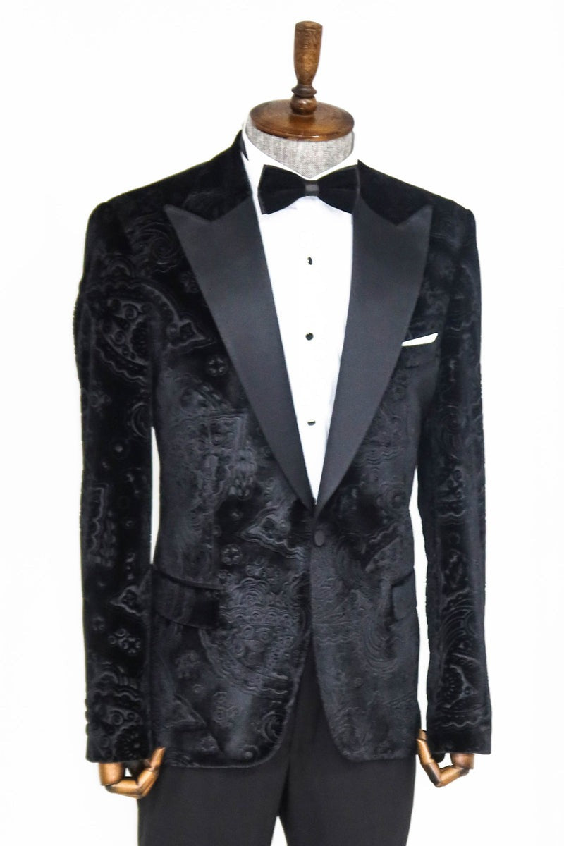 Man wearing a stylish Black Velvet Paisley Engraved Prom Blazer by KCT Menswear, showcasing elegance and sophistication in formal wear.