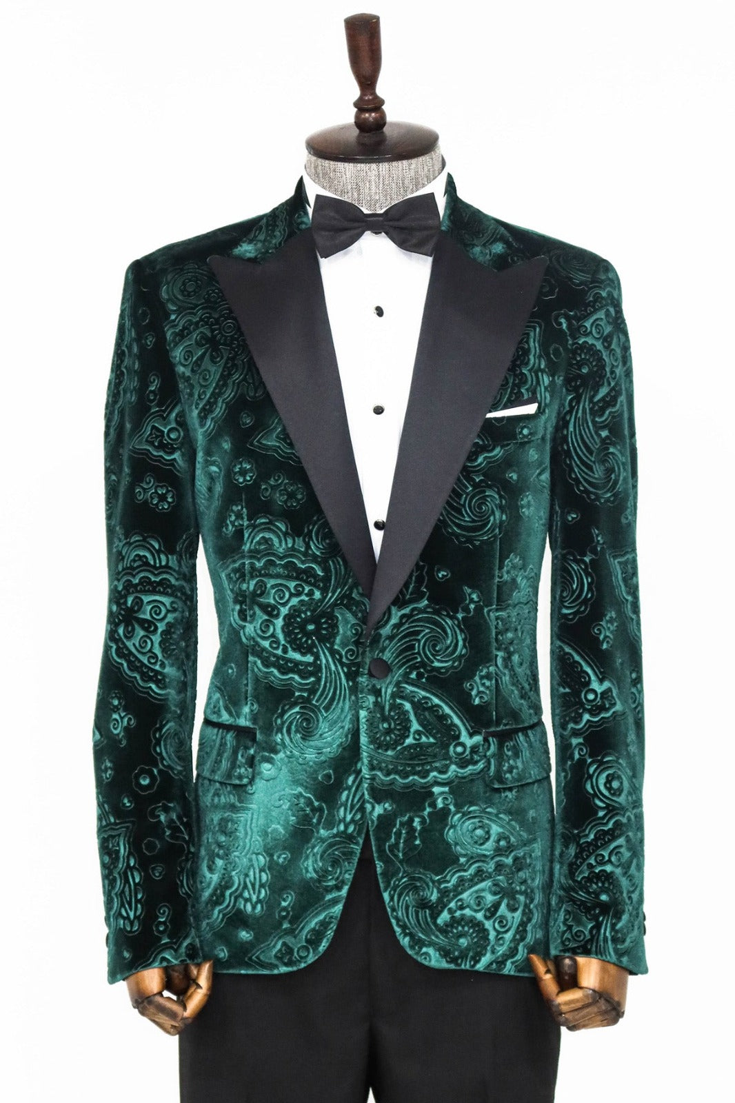 Man wearing a stylish Green Velvet Paisley Engraved Prom Blazer by KCT Menswear, showcasing elegance and sophistication in formal wear