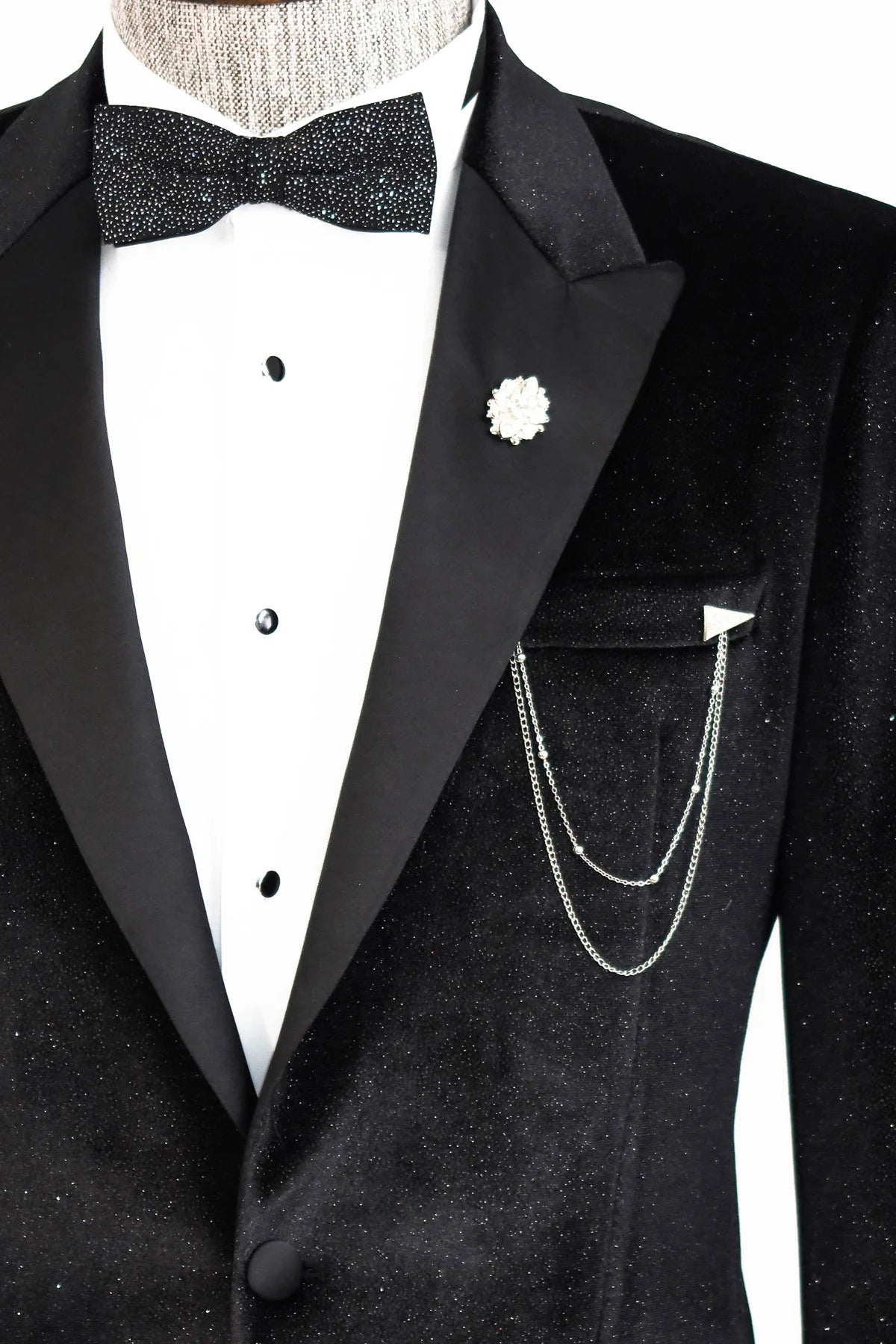 Glitter Black Velvet Prom Blazer with Black Satin Lapel by KCT Menswear