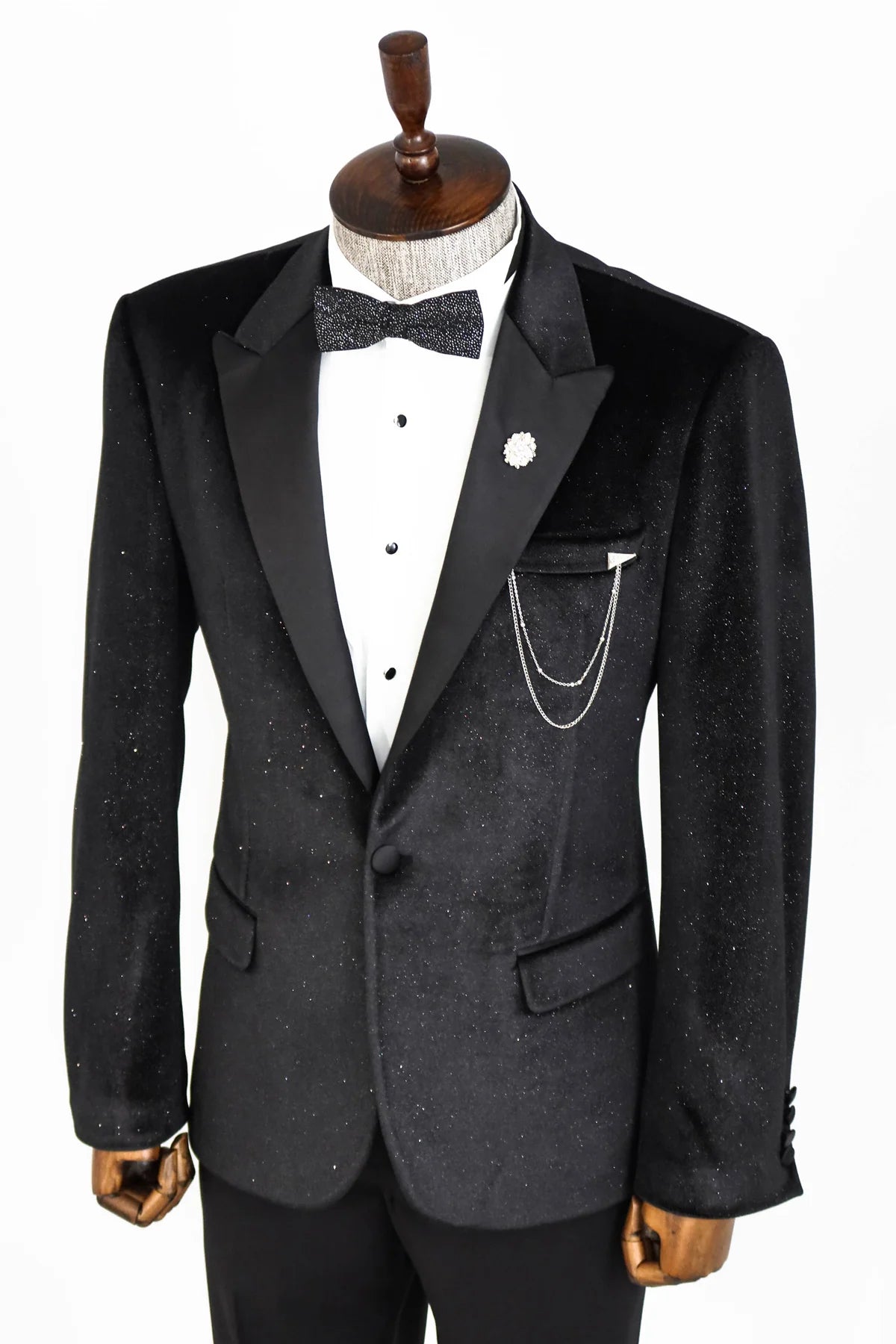 Glitter Black Velvet Prom Blazer with Black Satin Lapel by KCT Menswear
