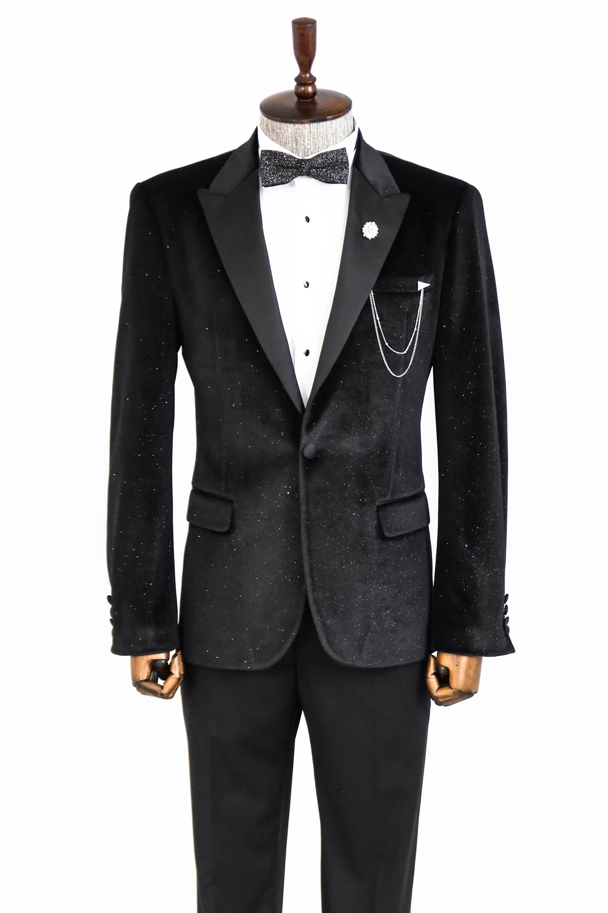 Glitter Black Velvet Prom Blazer with Black Satin Lapel by KCT Menswear