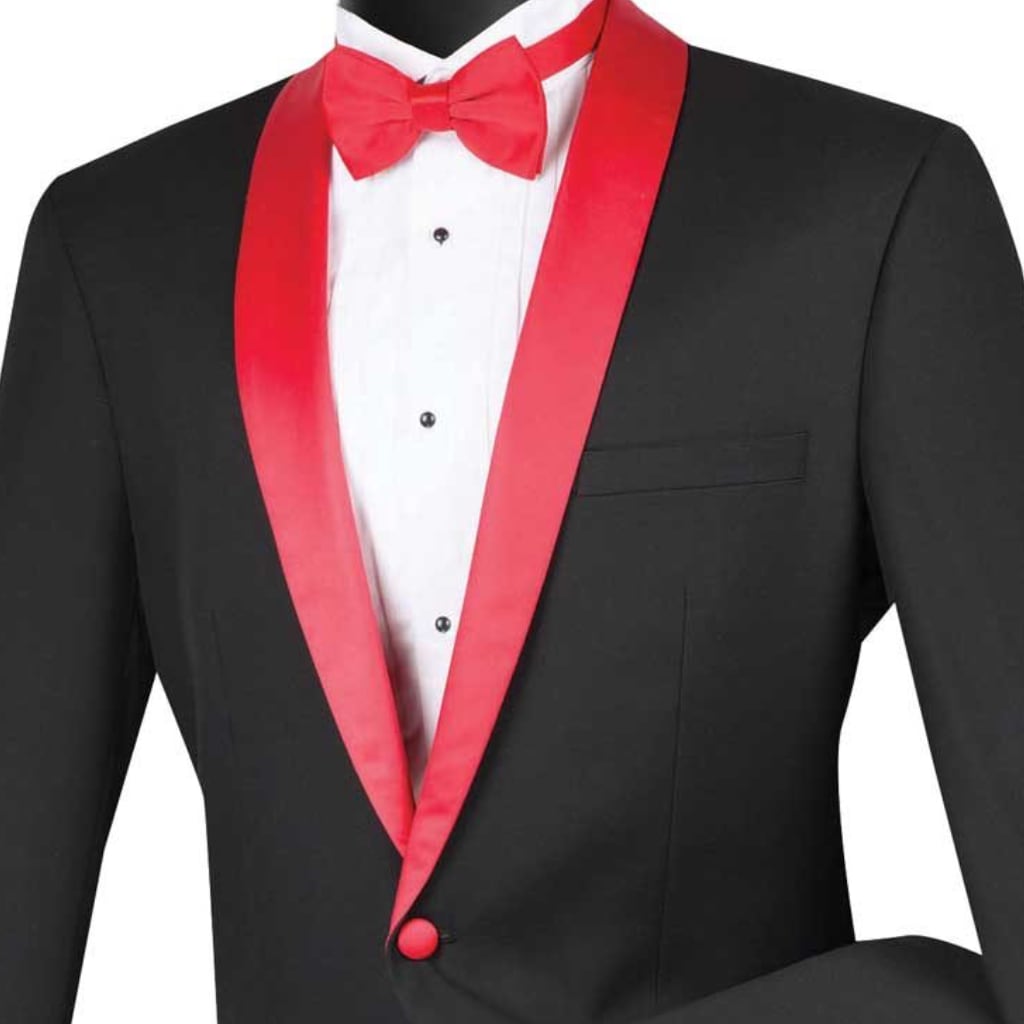 black suit and red tie
