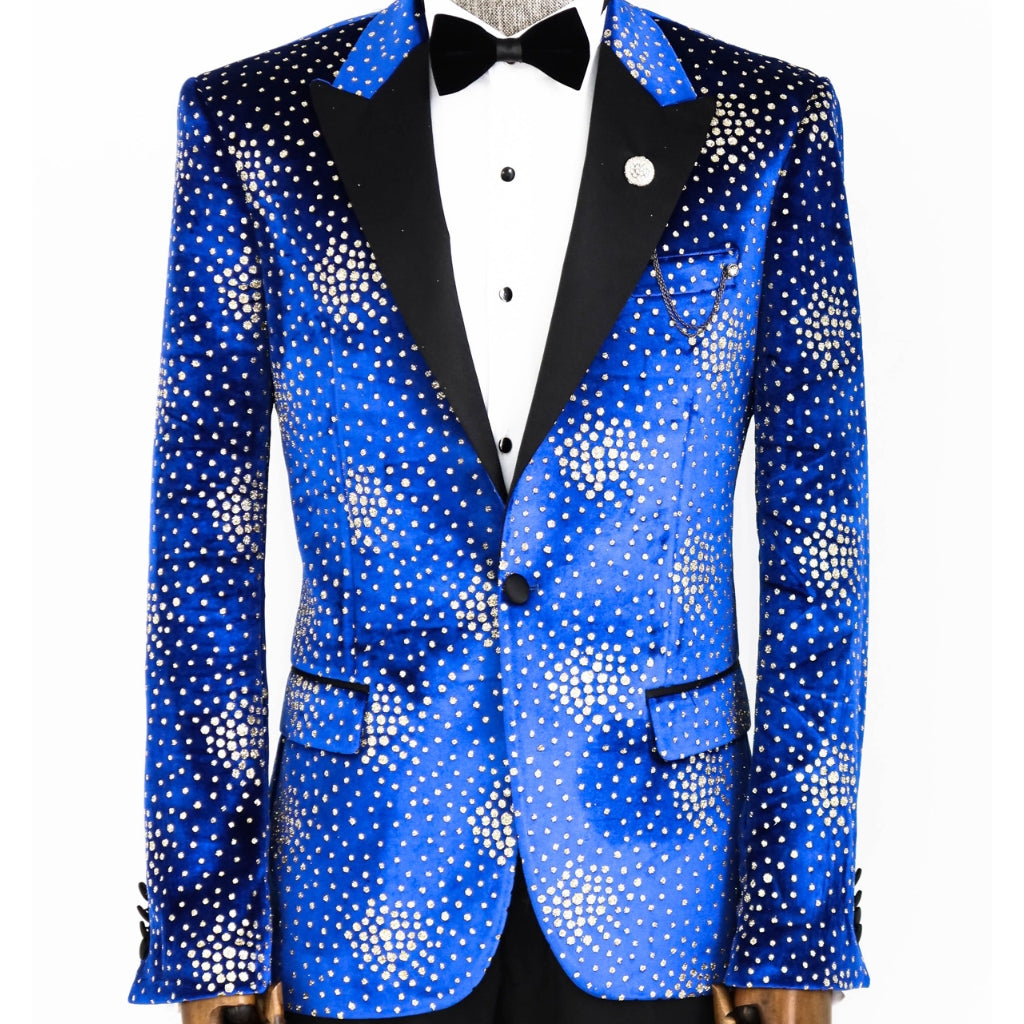KCT Menswear - Men's Royal Blue Velvet Diamond Blazer perfect for Prom and formal events.