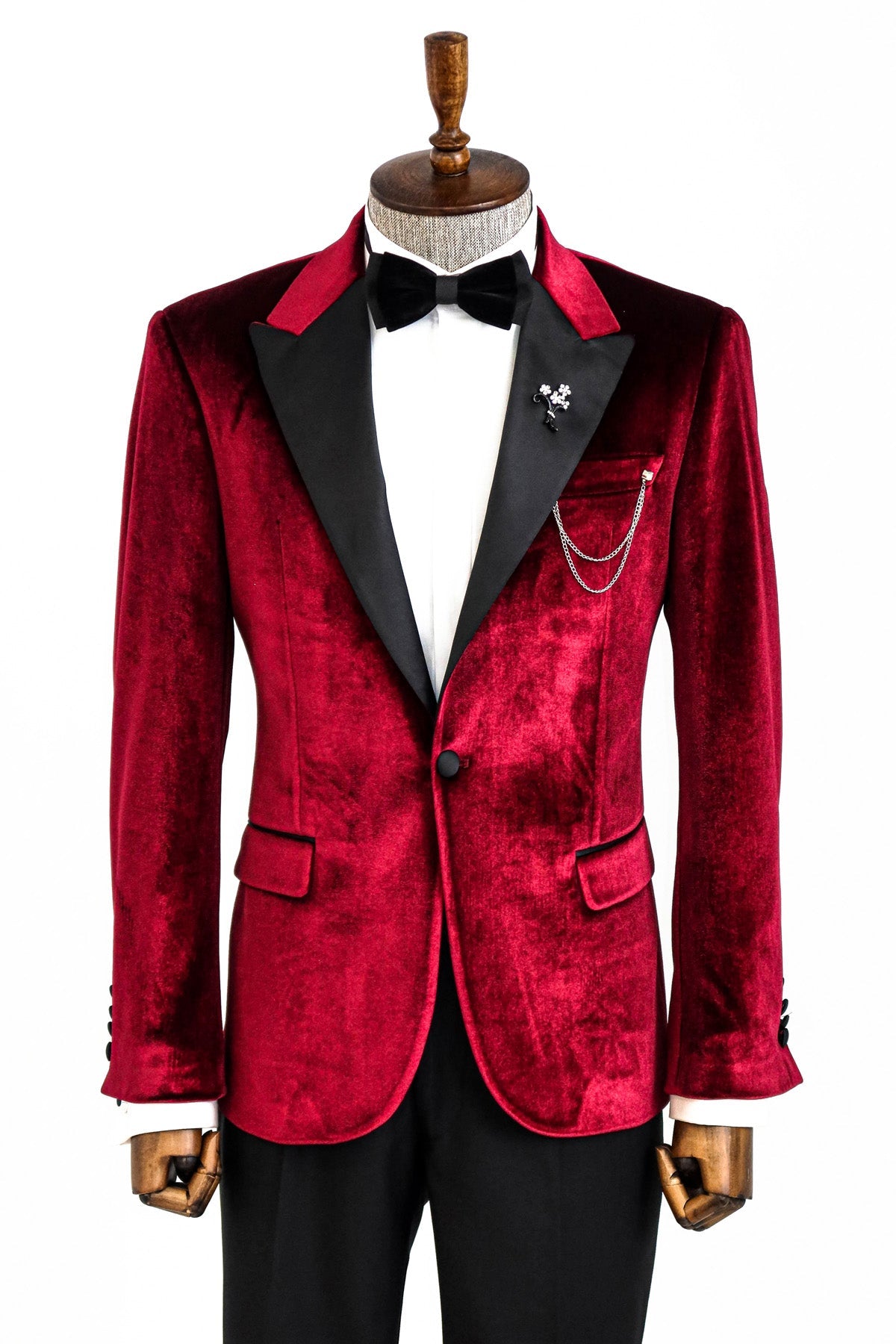 Burgundy Velvet Jacket - Black Peak Lapel - Black bowtie - white shirt - black pants