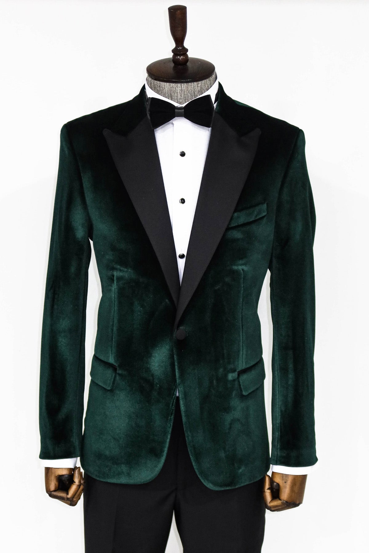 Hunter Green Velvet Blazer with Black Satin Lapel – Luxurious Men’s Formal Jacket for Weddings, Proms & Black-Tie Events.