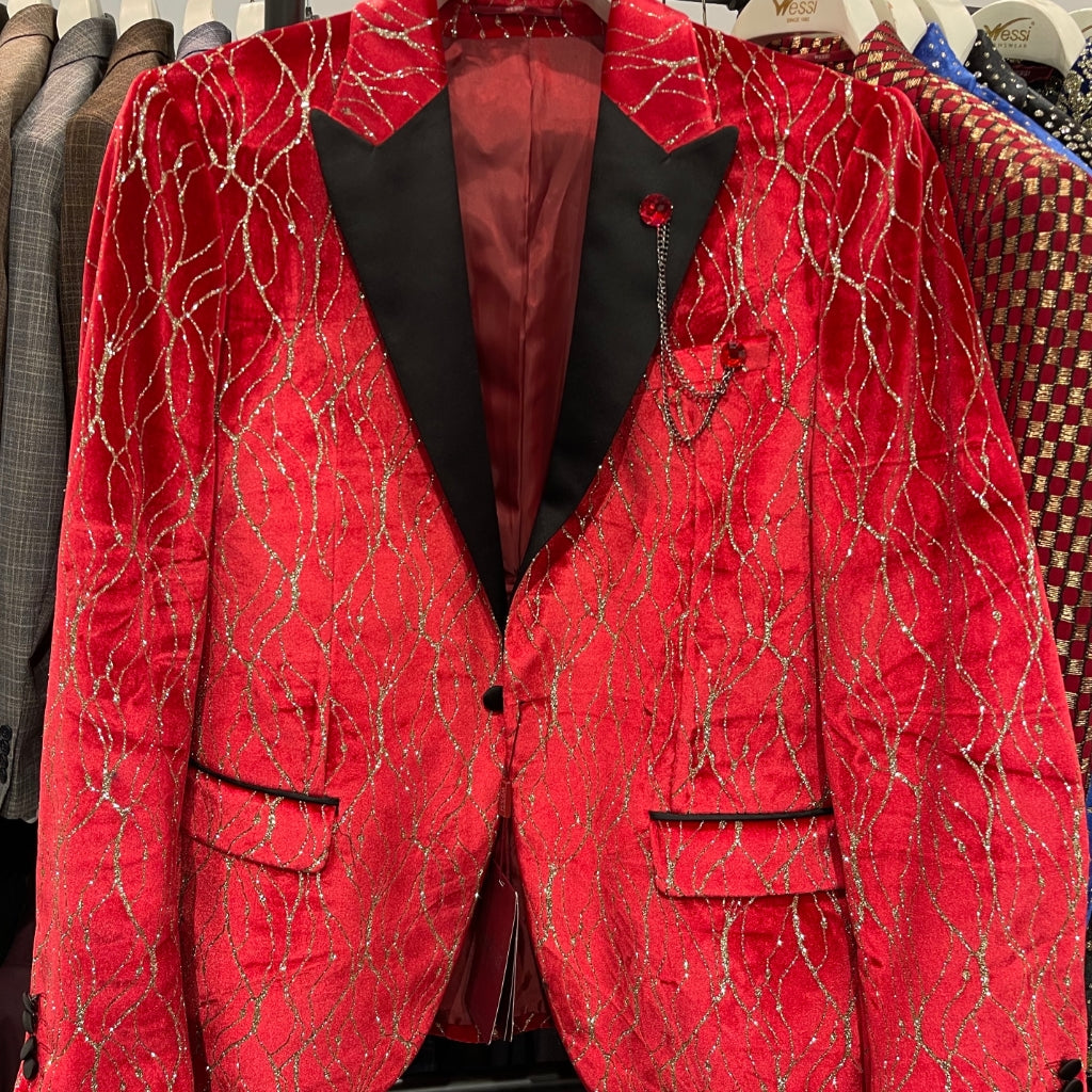 KCT Menswear - Men's Ruby Red Velvet Gold Blazer 