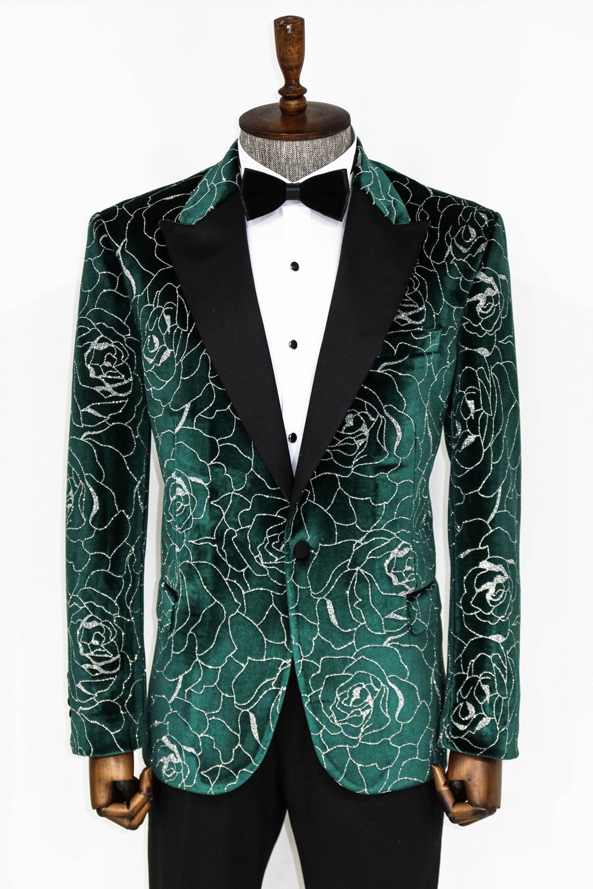 Men's Velvet Emerald Green Shiny Silver Floral Prom Blazer with Peak Black Satin Lapel - Front View