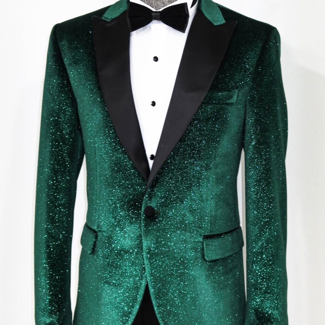 KCT Menswear - Men's Velvet Emerald Green Shiny Silver Sparkle Prom Blazer with Peak Black Satin Lapel - Luxurious and Stylish for Prom and Formal events