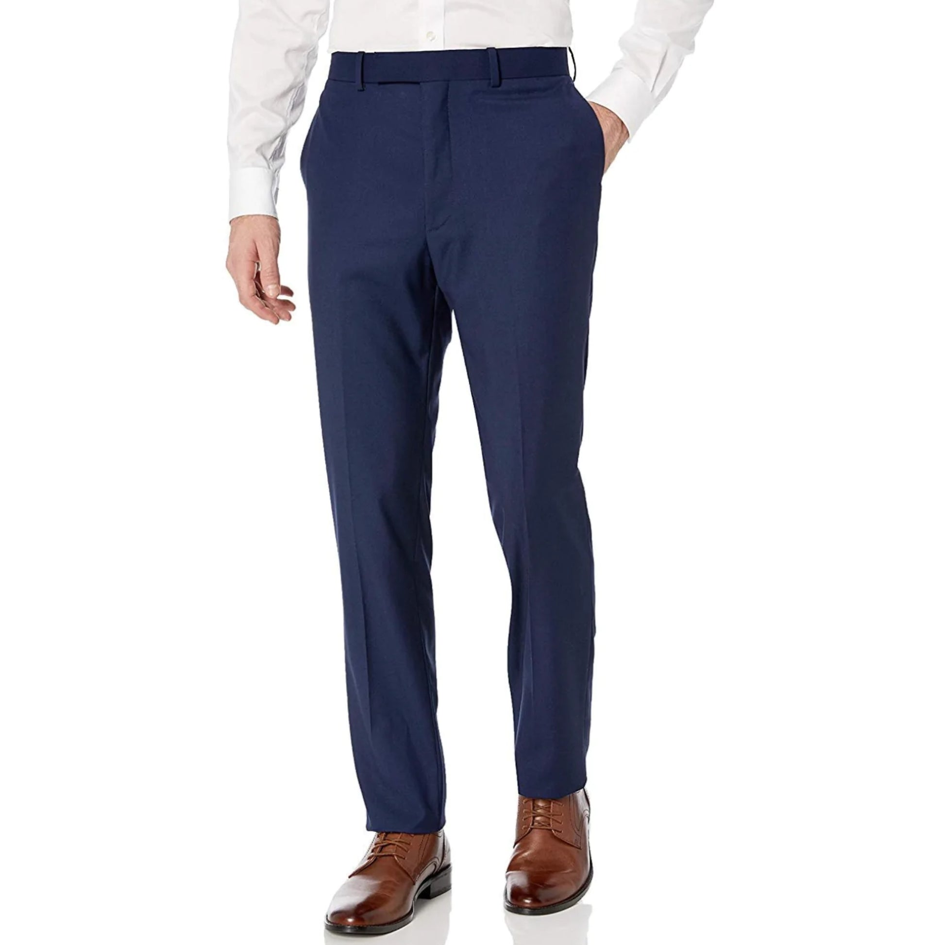 Dark Blue Slim Cut Wedding Pants - Brown wedding shoes - White Dress shirt | KCT Menswear