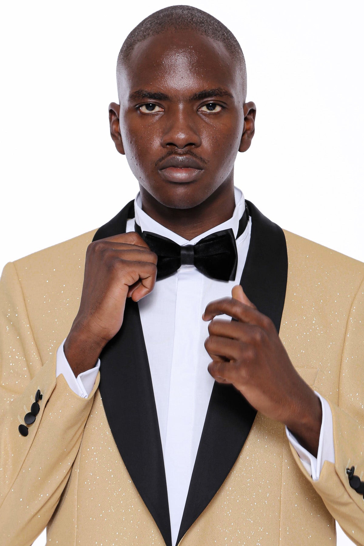 KCT Menswear - Men's Gold Sparkle Prom Blazer with Peak Black Satin Lapel