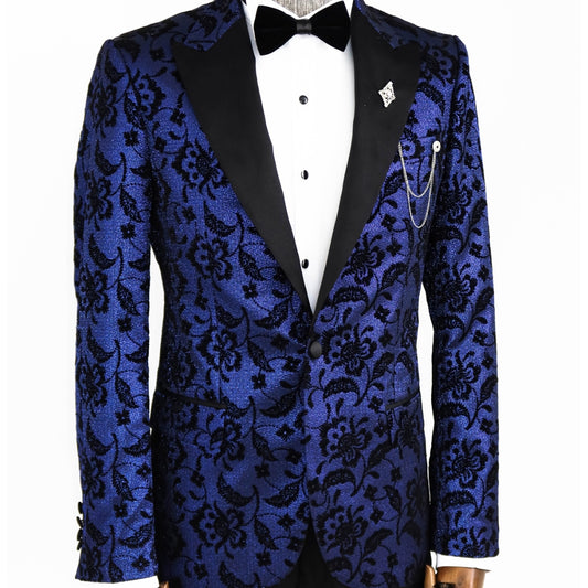 Midnight Blue Men's Sparkle Prom Blazer with Black Floral Design from KCT Menswear, perfect for standing out at prom."