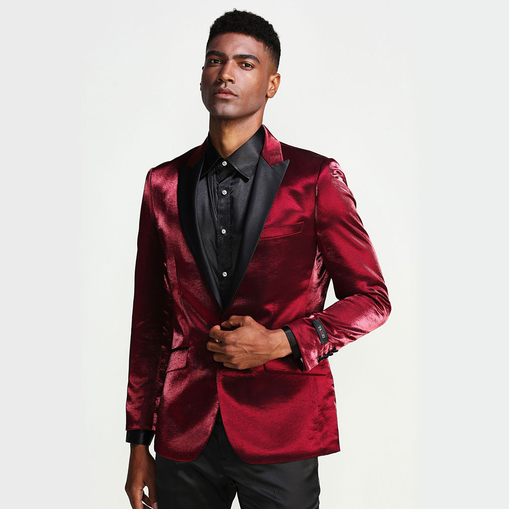 Burgundy Prom Tuxedo Jacket -  Shiny Slim With Black Lapel