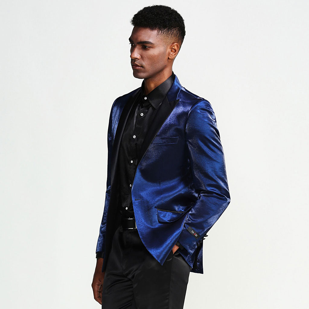 Navy Prom Tuxedo Jacket -  Shiny Slim With Black Lapel