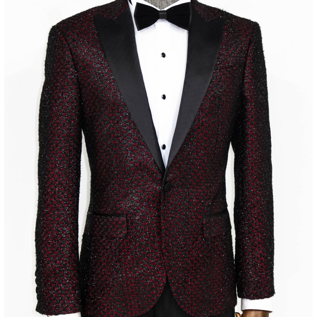 Luxurious Burgundy Gingham Pattern Sparkle Prom Blazer | KCT Menswear