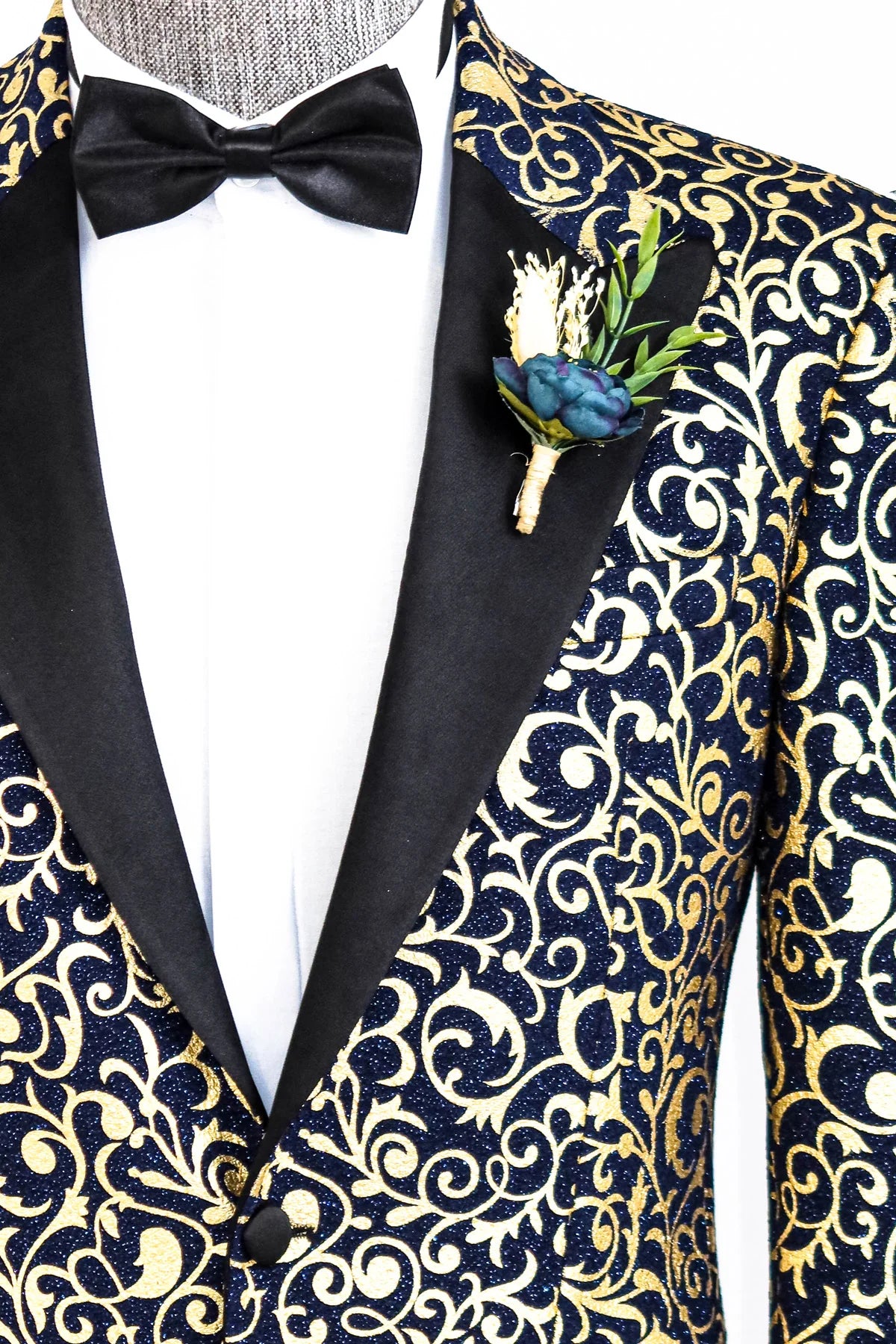 Navy Prom Blazer with Black Satin Notch Lapel and Golden Pattern, perfect for proms and other formal events, available exclusively at KCT Menswear.