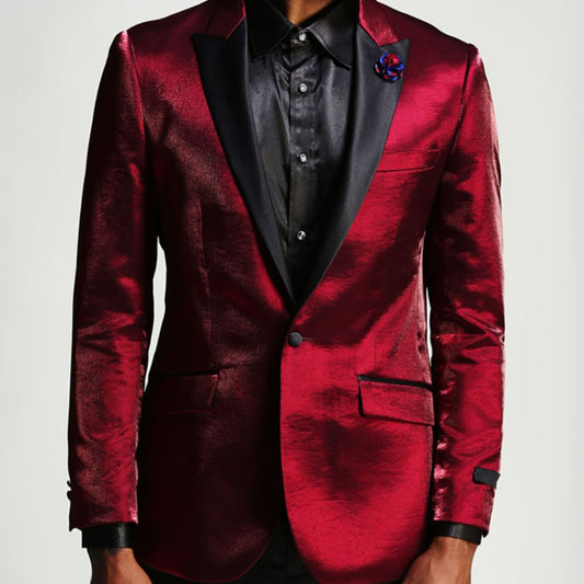 Burgundy Prom Tuxedo Jacket - Shiny Slim With Black Lapel