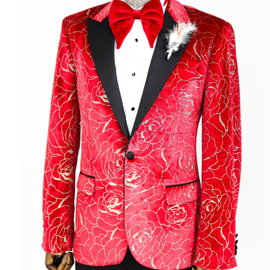 KCT Menswear - Men's Ruby Red Velvet Gold Blazer