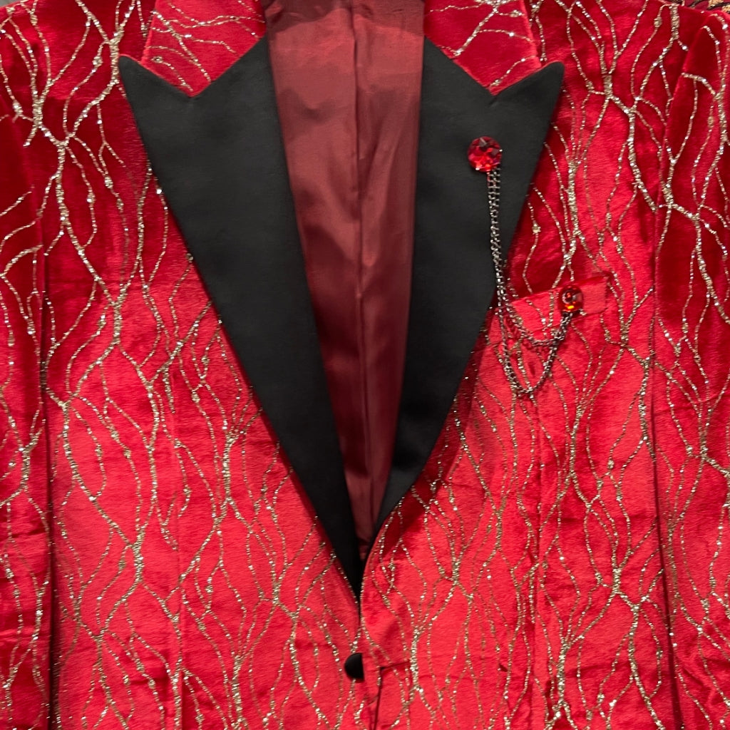 KCT Menswear - Men's Ruby Red Velvet Gold Blazer