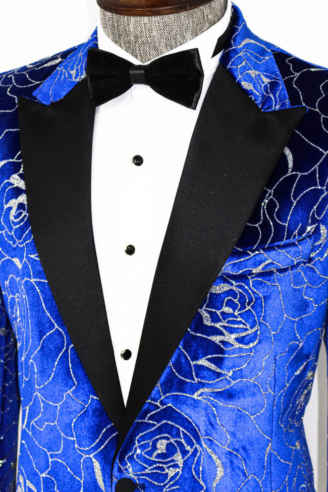 Men's Velvet Royal Blue Shiny Silver Floral Prom Blazer with Peak Black Satin Lapel - Front View