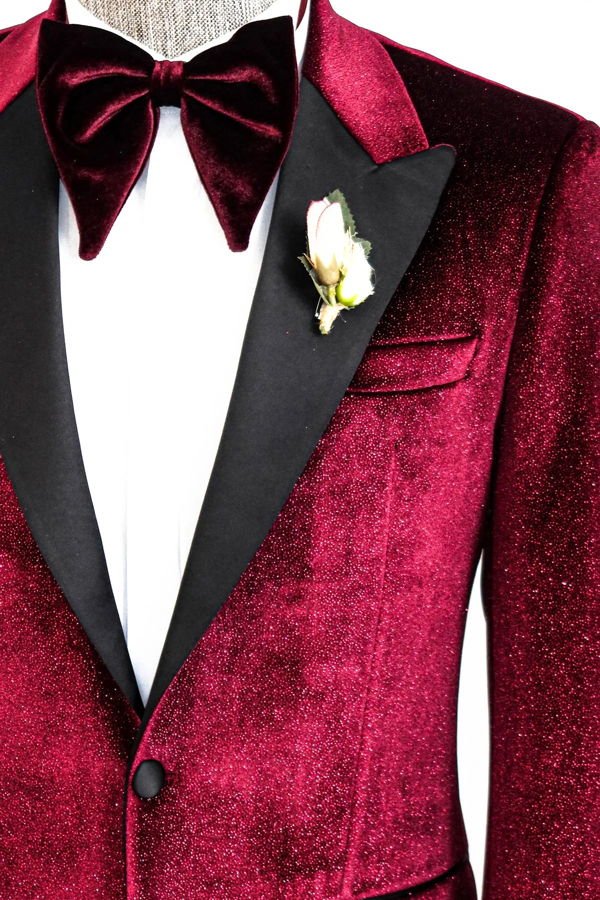 Glitter Burgundy Velvet Prom Blazer with Black Satin Lapel - KCT Menswear Elegant Formal Wear