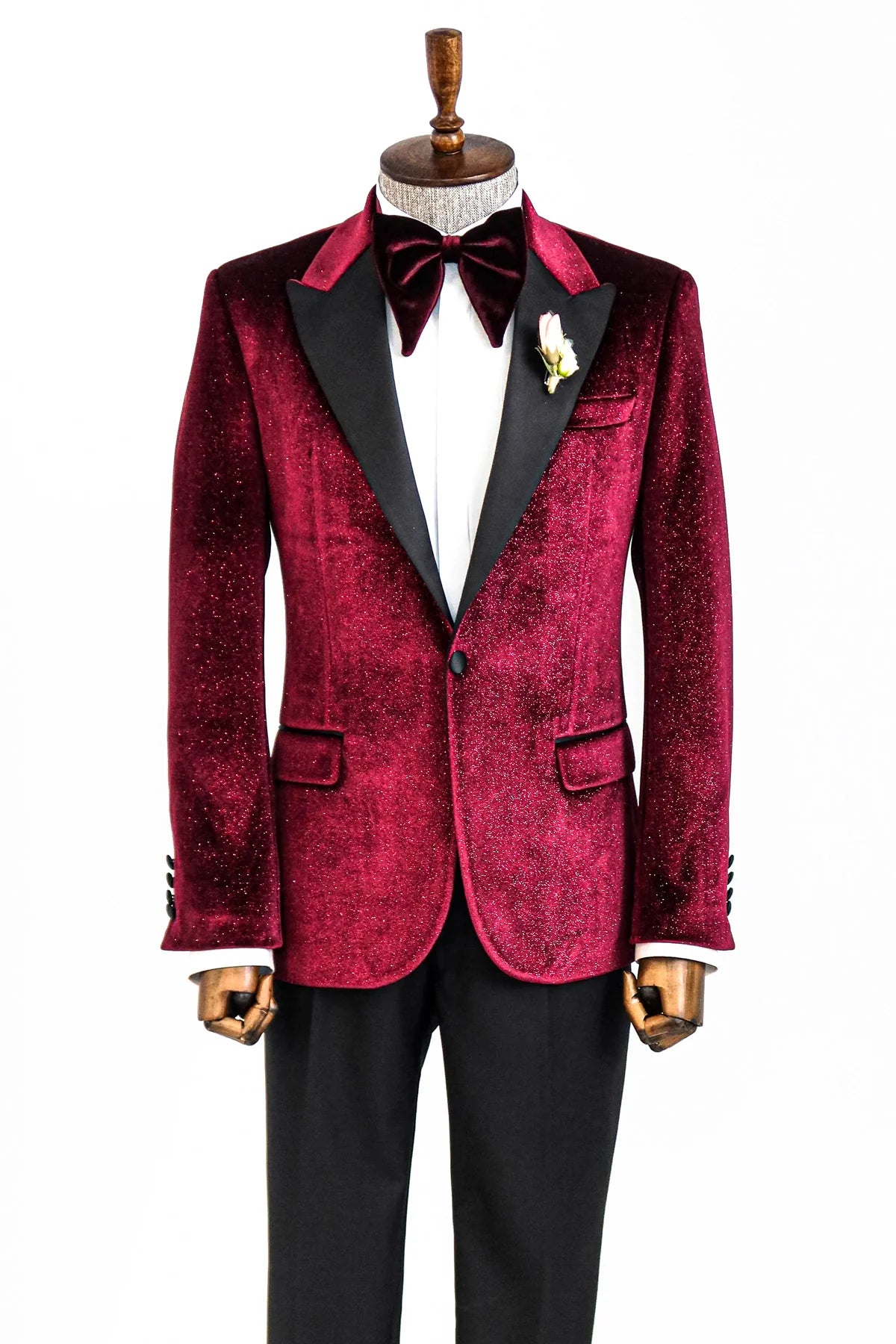 Glitter Burgundy Velvet Prom Blazer with Black Satin Lapel - KCT Menswear Elegant Formal Wear