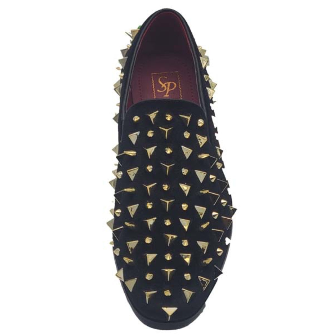 Black Velvet Prom Shoes with Gold Pyramid Spikes - KCT Menswear
