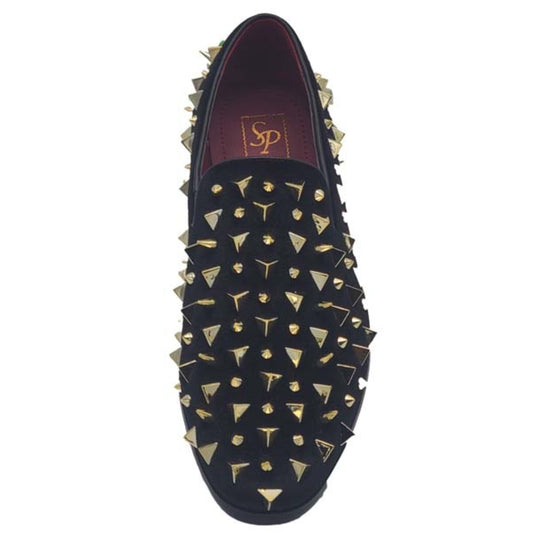 Black velvet prom shoes with gold pyramid spikes - KCT Menswear Prom Spiked Shoes