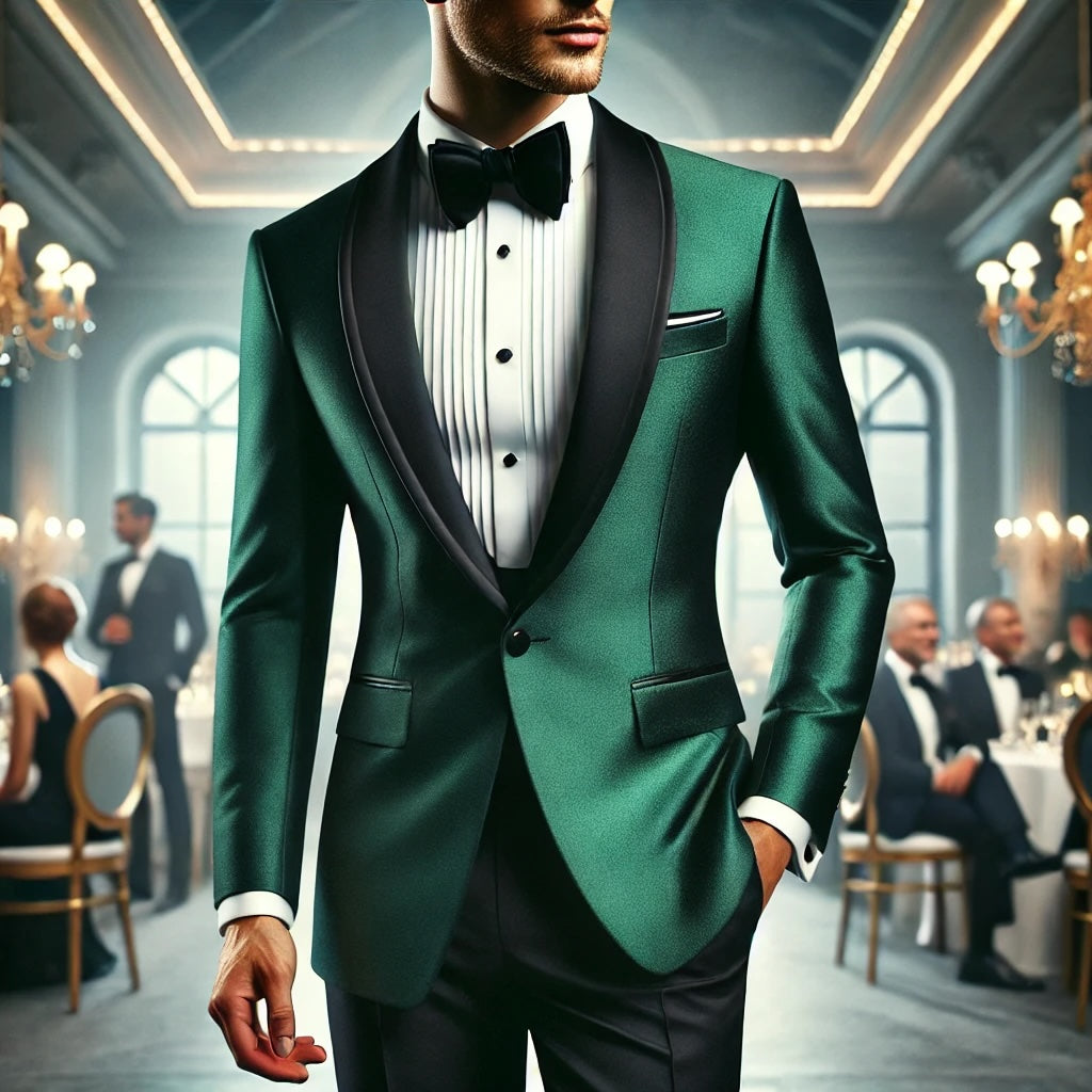 Elegant man in an emerald green tuxedo with a black satin lapel, white dress shirt, and black bow tie, standing confidently at a high-end formal event.