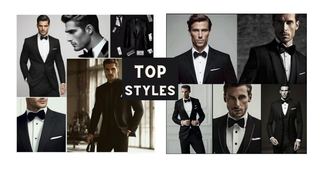 Collage of KCT Menswear's top suit styles featuring a selection of sophisticated black tuxedos for prom night, showcasing sleek and modern designs for high school students