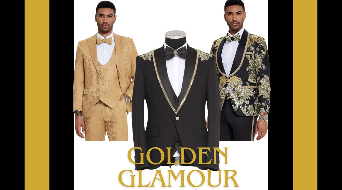 Golden Glamour: Unveiling KCT Menswear's 2023 Gold and Black Tuxedo Collection for Prom and Weddings