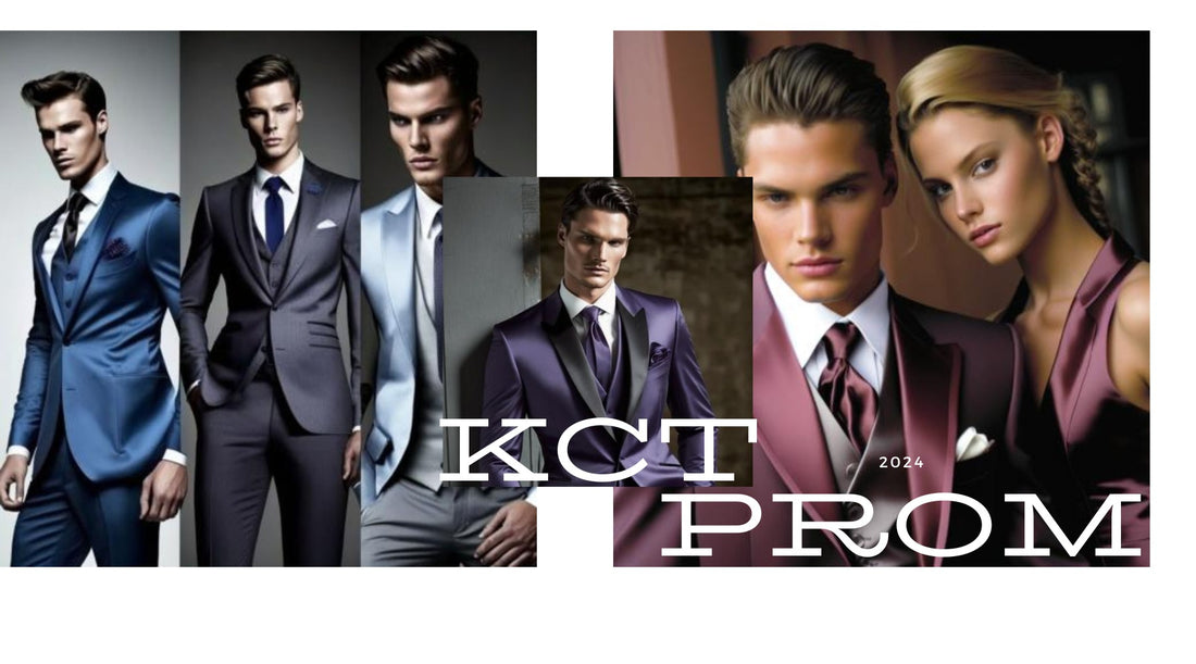 Stylish KCT Menswear prom collection featuring models in sleek suits, with colors ranging from classic navy to bold maroon, accessorized with ties and pocket squares, perfect for the 2024 prom season.