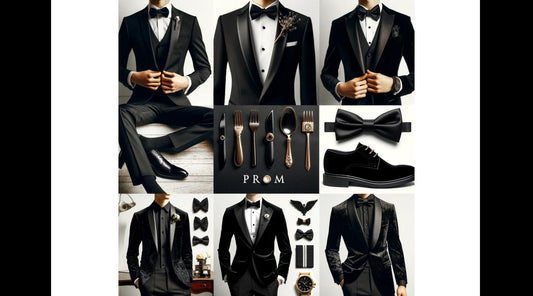 Collage of best black prom suits for 2024 featuring a classic tuxedo, modern slim-fit, bold velvet, and subtly patterned suits with accessories, highlighting stylish and elegant men's formal wear trends for high school prom