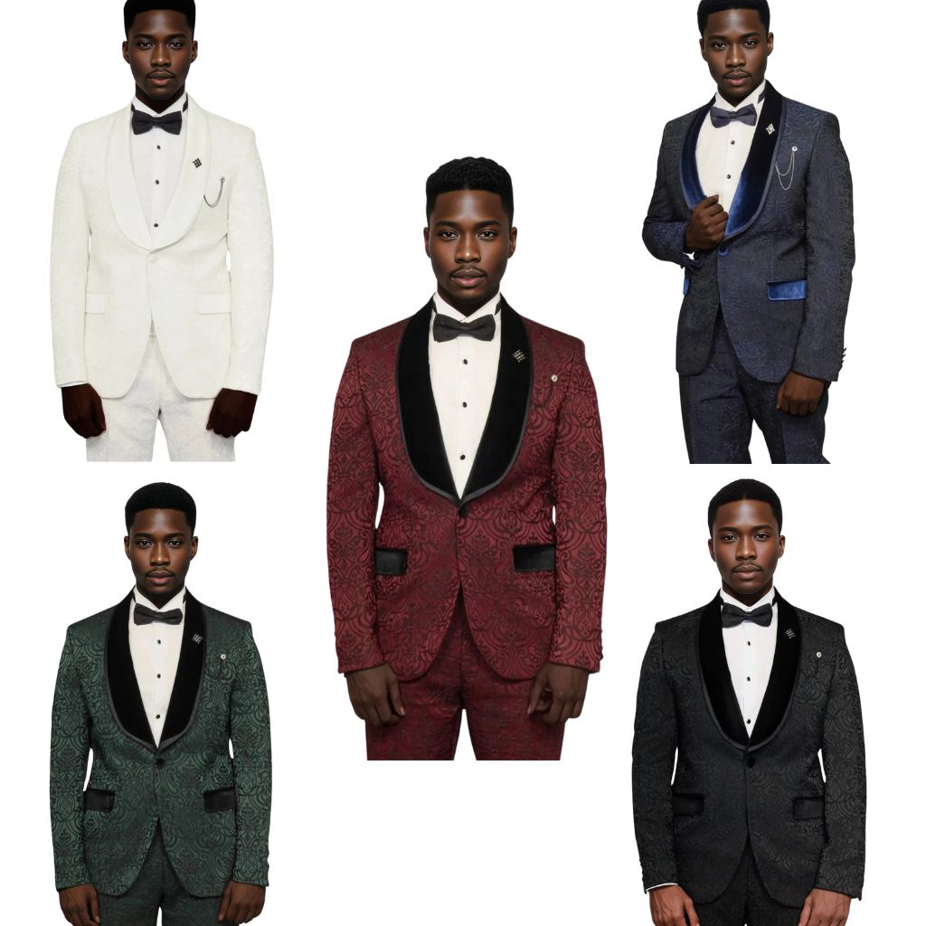 Men’s European Prom Tuxedo Collection 2025 – Burgundy, Black, Green, White, and Navy Velvet Lapel Styles by KCT Menswear